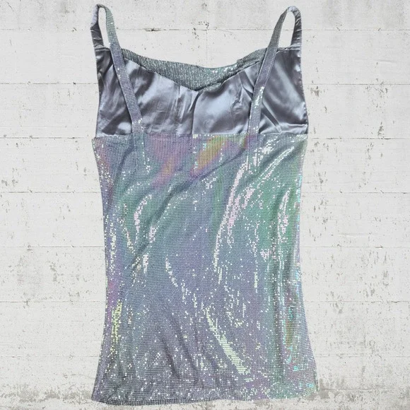 House of Harlow Iridescent Metal Mesh Disco Mini Dress Drape Neck Size Small NWT - Picture 8 of 8